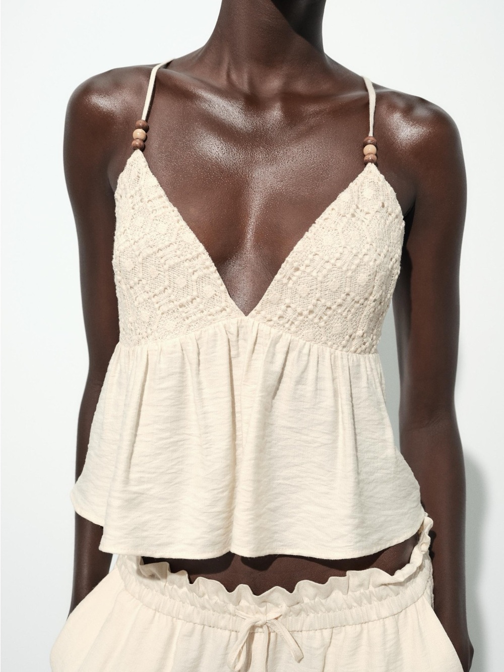Zara Crochet Bust Cream Camisole with Beaded Straps